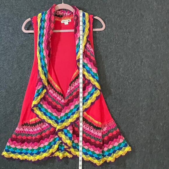 Double Zero Boho Crochet Ruffle Vest Rainbow Trim Cardigan Open Front - Picture 6 of 12